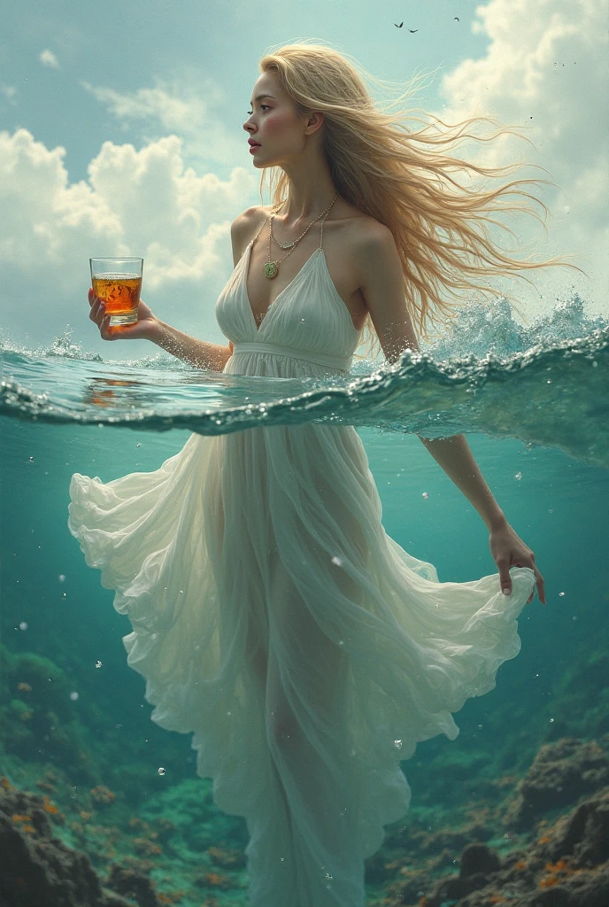 A elegant woman drinking a beer on a very hot day in lisbon, wet skin, beer splash, foam, bubbles, having fun, ice cubes, rave party, neon lights, photo realistic, high quality shot