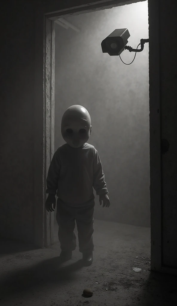 The door to the room is slightly ajar, and in the doorway stands a small, unsettling baby with pale skin and hollow black eyes.