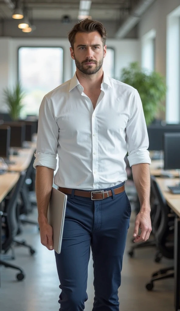 A sexy but innocent looking European man, returning home ,he is tired after office work, he is sweating , ,wearing office suite , handsome face, ,black hair , homoerotic, , looking at camera, seductively,nsfw, homoerotic, best quality photo