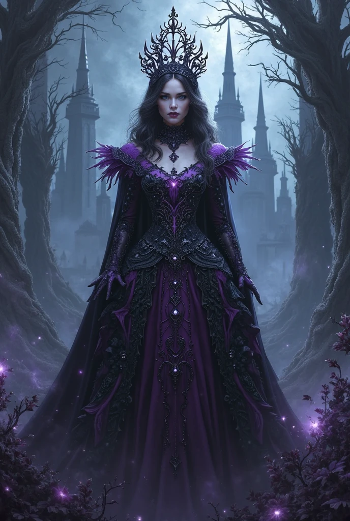 uma bruxa , with powers of darkness , de longos cabelos pretos, e olhos vermelhos, purple gothic dress, em uma floresta com corvos em volta de si ,