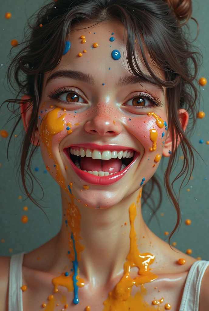 Photo realistic portrait lady smile splashes of color spinning in circles like Jupiter. cores espetaculares,fundo preto escuro