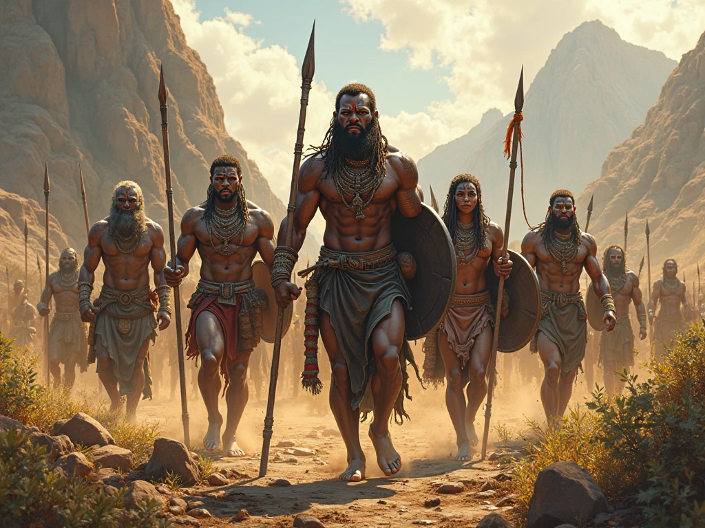 A captivating group of fierce Australian Aboriginal warriors, adorned with intricate body paint patterns that tell tales of ancestry and lore, are skillfully depicted in a photorealistic 4K masterpiece. The traditional weapons and tools they wield add an air of authenticity, as they confidently stand against a backdrop of rugged terrain.
The warm lighting bathes the scene, casting dramatic shadows that enhance the sense of motion and energy within the composition. The earthy color palette, complemented by volumetric fog, creates an immersive and ethereal atmosphere. Every detail, from the highly detailed facial features and expressions, to the textured skin and tools, is exquis