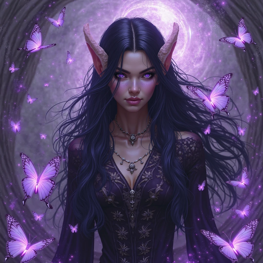 Create a highly detailed and beautifully stylized artwork inspired by the style of Anne Stokes, with a dark, mystical tone. The central figure should be a confident, elegant woman who is either a witch or a fairy, exuding an air of mystery and enchantment. Her features should be meticulously detailed, with special attention to the eyes, lips, and hands, ensuring they are well-defined and free of errors. Incorporate elements of dark fantasy, such as a gothic or enchanted forest background, mystical creatures, or magical symbols. The character might wear intricate, fantasy-inspired clothing, like a flowing dark gown adorned with arcane symbols if she is a witch, or ethereal, shimmering garments if she is a fairy. Use a color palette that blends rich, deep tones—such as dark purples, blues, and blacks—with highlights of silver or gold, capturing the ethereal and otherworldly atmosphere typical of Anne Stokes' work. The overall composition should evoke a sense of enchantment and mystery, combining the beauty of the character with the dark, fantastical elements that define Stokes' artistic style.