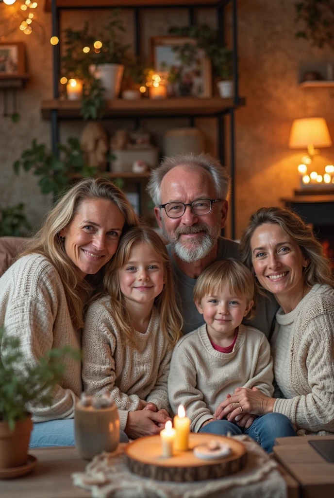 Family of readers, grandmother, grandfather, father, mother and children readers, sitting down for a family photograph