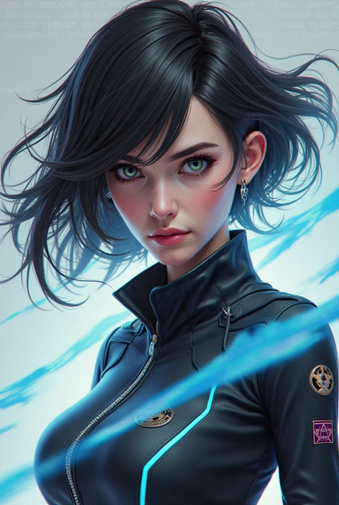 Official Art, unity 8k wallpaper, Very detailed, beautifully、aesthetic, masterpiece, highest quality, Realistic, close, Skin dents, , Interface Headset, A bodysuit worn under clothing, Beautiful Eyes, Detailed face, Thin Hair, Black background, straight, Looking at the audience, Shiny,