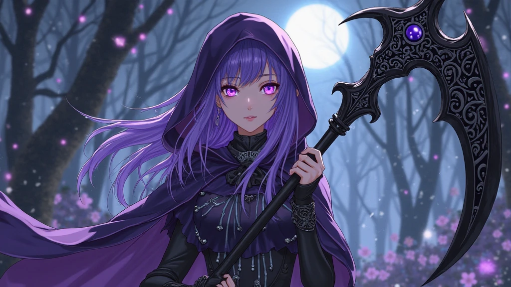 Blue-violet eyes、calm、Purple Hair、Dark look、Long Hair、Beautiful breasts、petal、Landscape、Black hood、Determined eyes