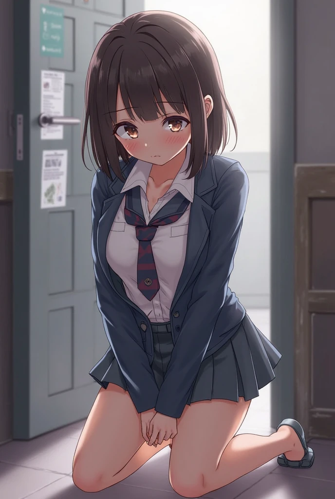 masterpiece, highest quality, High resolution, maemiku, short hair, tooth, , Red Bow, Collared shirt, Blue jacket, blazer, Long sleeve, Pleated skirt, Grey Skirt, Black knee socks, Cowboy Shot, anger, Are standing, locker room,Shirt open,Skirt Lift,Panties in full view,Sweat