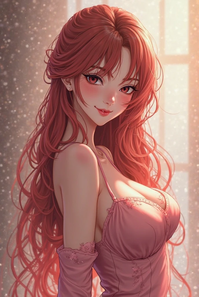 manga style +red-haired woman+ Brazilian+ almond brown eyes+ with a dress you see that highlights your curves+ curtain+ slightly lowered looking to the side sensually