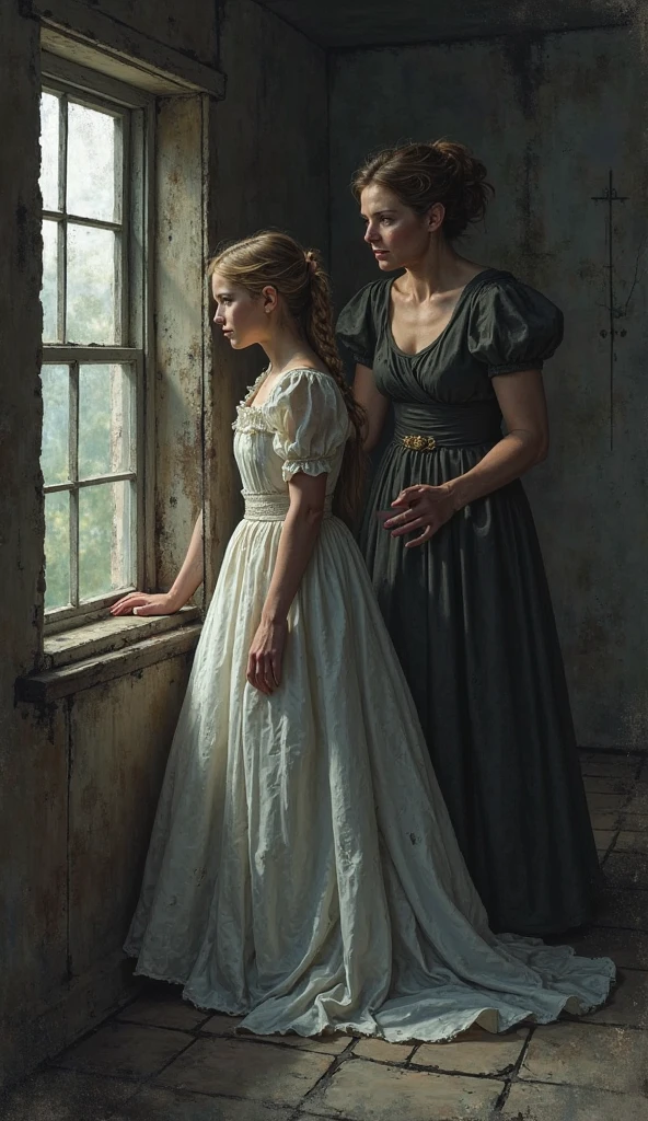 Create a  of  from the medieval era dress like a peasant looking at themself in the mirror, Reflecting her image in the mirror, a blonde princess wears a pink dress...
