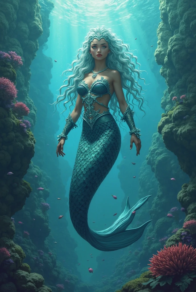 high details, best quality, 16k, [ultra detailed], masterpiece, best quality, (extremely detailed), full body, ultra wide shot, RAW, photorealistic, fantasy art, dnd art, rpg art, realistic art, an ultra wide picture of a mermaid (1.5 intricate details, Masterpiece, best quality) water mage casting ((water control spell)), water wizard ((water magic, intense magic details)), ((controlling a swirling mass of water)), magical symbols GlowingRunes_pink, female mermaid, blue skin, green hair, long hair, swirling hair, lower body tail fin, intense eyes, small pointed ears, ((blue eyes)), ((glowing eyes)), armed with magical wand, wearing sea shell clothing, beautiful mermaid, underwater background, rich underwater life, ((magical atmosphere)), fish and sea weeds, speedpainting high details, best quality, highres, ultra wide angle