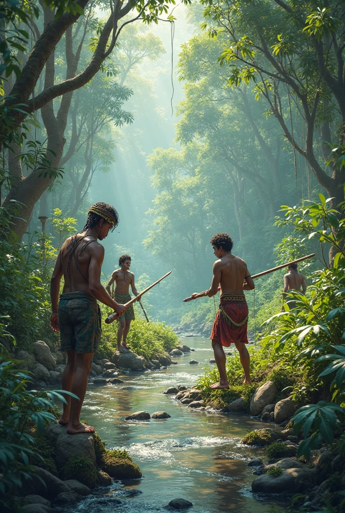 Man fishing in the jungle with Indians