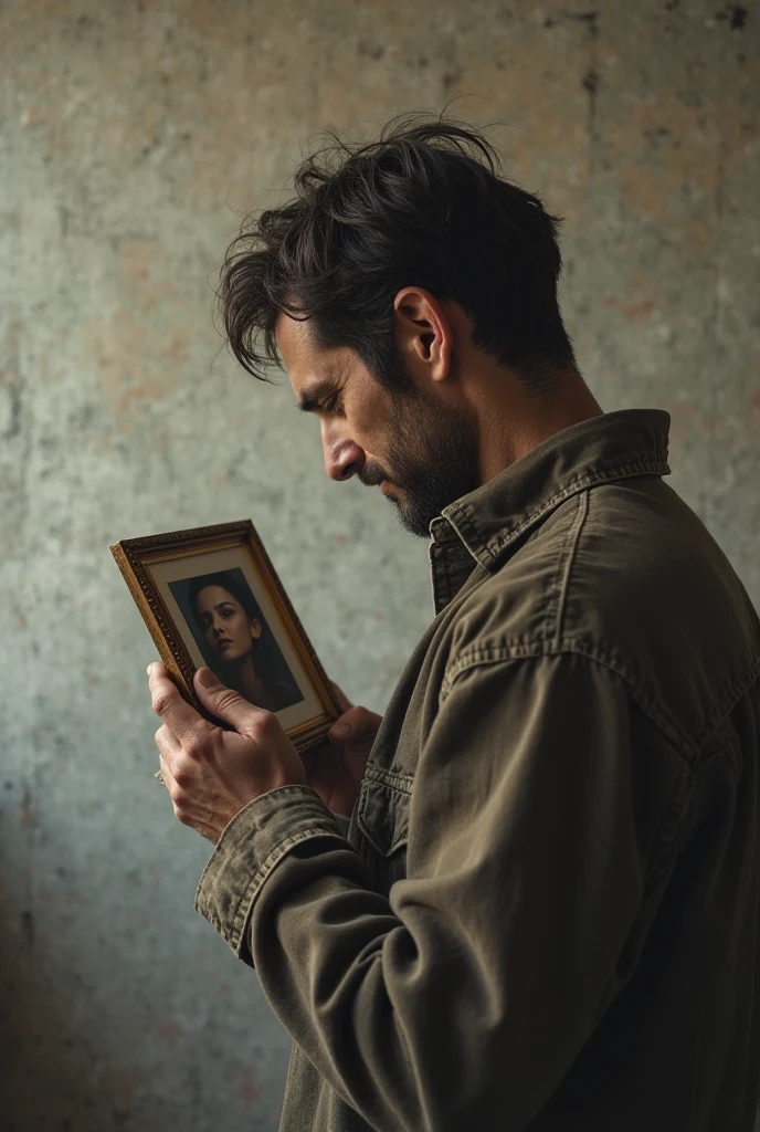 A 30-year-old man, dressed casually in a well-worn T-shirt and faded jeans, standing in the heart of a cozy, sunlit living room. His gaze is fixed on a framed photograph hanging on the wall, which captures a moment of pure joy and unity—his family. The photograph, aged slightly by the passage of time, features a younger version of himself with a broad smile, nestled between his proud parents and a sibling, their arms wrapped around each other in a warm embrace. The vibrant colors of their clothing and the lush greenery of the background park setting pop against the muted tones of the room's soft furnishings. The living room itself is a testament to comfort and nostalgia, with a shelf laden with books and souvenirs in the foreground, hinting at a life well-lived and filled with memories. The man's expression is a poignant blend of fond reminiscence and quiet contemplation, as if the image has transported him back to that very moment. His hand rests gently on the back of an overstuffed armchair, the fabric worn from countless hours of use, as if he's drawing strength from the familiar object. The light from the nearby window casts a warm glow across the room, highlighting the dust motes that dance in the air and giving the scene a timeless, almost ethereal quality. The overall atmosphere is one of peaceful introspection, a silent narrative of a man reflecting on his roots and the foundation that has shaped his journey thus far.