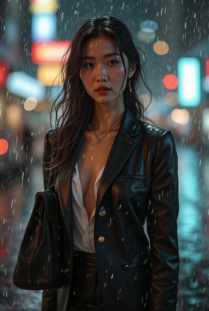 (RAW shooting, Photoreal:1.5, 8K, highest quality, masterpiece, ultra high resolution), perfect dynamic composition:1.2, Night street corner of a modern city, look up at the sky:1.3, (((Typhoon heavy rain))), Highly detailed skin and facial textures:1.2, Slim office lady wet in the rain:1.3, sexy beauty:1.1, perfect style:1.2, beautiful and aesthetic:1.1, Fair skin, very beautiful face, water droplets on the skin, (rain drips all over my body:1.2, wet body, wet hair:1.4, wet office skirt:1.2, wet office lady uniform:1.3), belt, (Medium chest, Bra is transparent, Chest gap), (look of resignation, embarrassing smile, The expression on your face when you feel intense caress, Facial expression when feeling pleasure), (beautiful blue eyes, Eyes that feel beautiful eros:0.8), (Too erotic:0.9, Bewitching:0.9), cowboy shot, Shoulder bag, necklace, earrings, bracelet, clock
