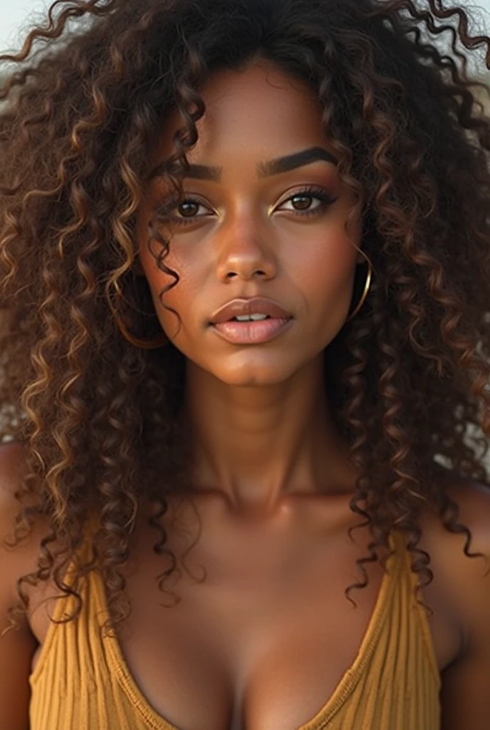 Photo cinematic, a young black woman, curly medium lenght hair, brown eyes --auto --s2