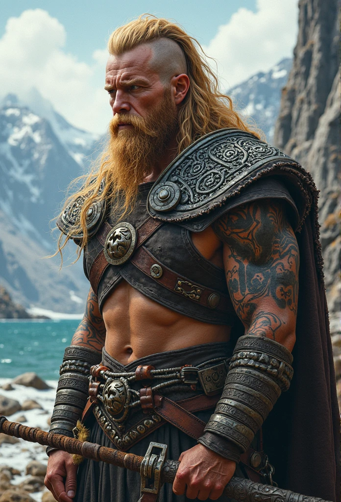 (melhor qualidade,4k,high resolution),Intricadamente,ultra-detalhado(1.2),realista,photorealista:1.37,retrato,Viking sueco,Guerreiro,Stoic expression,feroz,barba,queixo forte,muscular physique,Braided hair,Guerreiro helmet and armor,Cabo bordado,standing on a rocky cliff,olhos azuis penetrantes olhando para longe,twilight,Brisa suave,paisagem majestosa,montanhas e fiordes,Subtle reflections on water,vegviser symbol glowing on his chest,Aura misteriosa,ancient runic inscriptions on the cliff face,paleta de cores vibrantes,soft golden lighting,impressive sense of depth,imagem de alto contraste,imposing presence,feeling of power and determination.