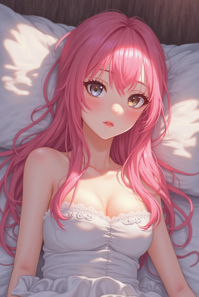 (Best Quality,High resolution,8K,finelity detailed background,Masterpiece:1.2),beautiful girl,Shiny pink hair,messy hair,Pink eyes,Gentle look,A refreshing look,Best quality,Best Quality,Aesthetic and aesthetic:1.2,Best details((Super detailed))(High-definition CG illustrations),cuteパジャマ,Slender body,night,Moonlight,Bedroom,On the bed,smile,blush,cute,Scrounge,Looking up,Being spoiled,super model,wariza,shoot from below