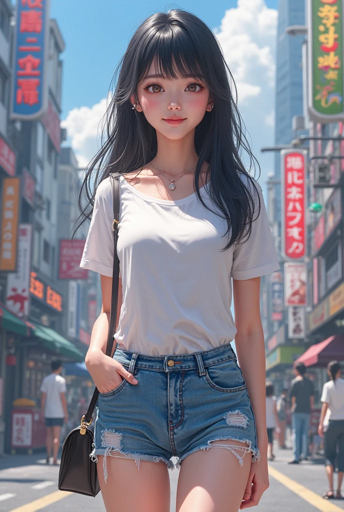 1girl angel, black hair, blue eyes, smiling, wearing plain white shirt, denim shorts, city, absurdres, high res, ultrasharp, 8K, masterpiece, looking at viewer, future city