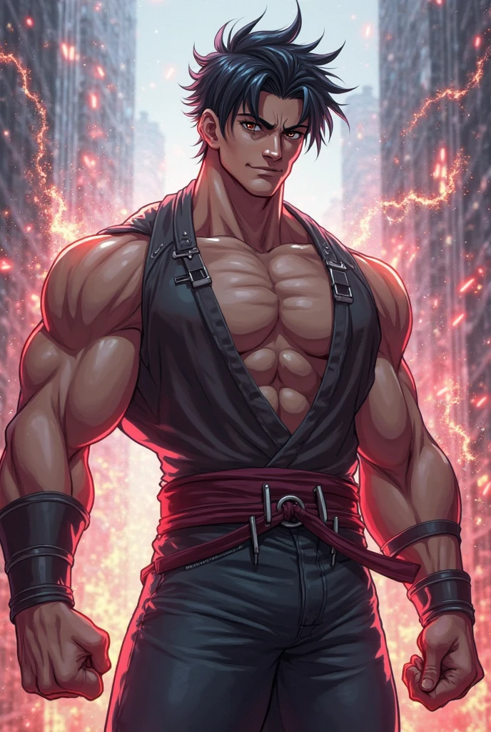 muscular anime man with jet-black spiky hair that has red streaks, sharp crimson eyes, and a sleeveless leather jacket over a black tank top. He wears fingerless gloves and combat boots, exuding a rebellious aura.