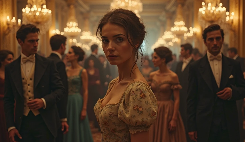 a girl in the 19th century looking from afar with judgment and sarcasm at a man at the ball