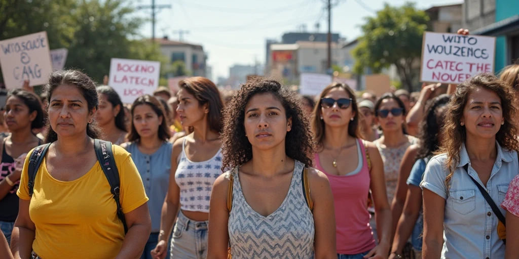 A human rights activist from Latin America, in a people&#39;s march, with a tired look but with the desire to continue fighting , with signs saying they want freedom 