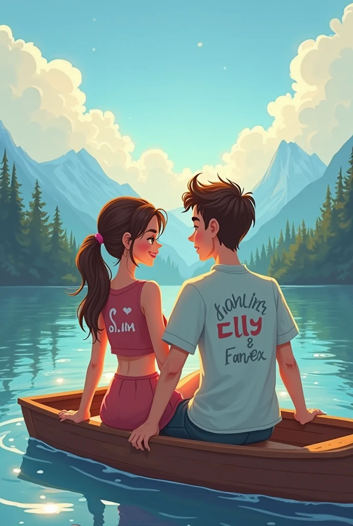 A couple siting on the beautiful boat boyfriend lips Kiss her girlfriend with red rose. Boy wearing a t-shirt wirten his name Romeo and girl wearing a t-shirt writen her name Yana 3d cartoon