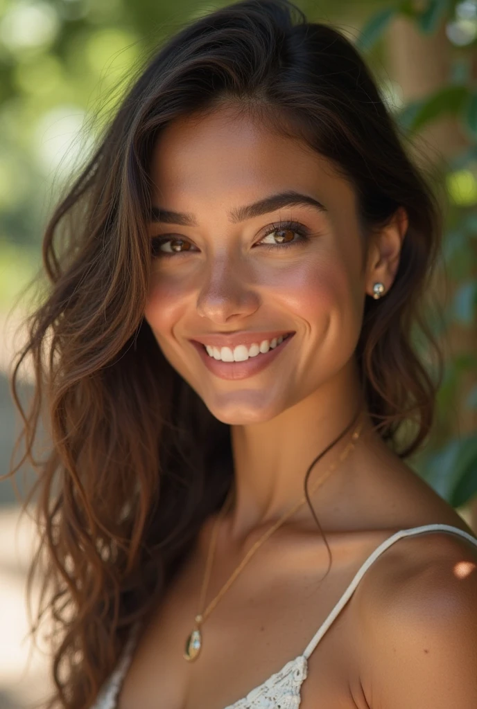 Nsfw, top quality, Photos in RAW format, realistic face, incredibly beautiful girl, Create a highly realistic image of a 21-year-old Arab-origin girl with a cute and charming appearance. She should have a natural, warm, and friendly smile, a round face with soft, smooth skin, and large, expressive brown eyes. Her eyebrows are naturally thick and arched, complementing her small, delicate nose and full lips. Her long, dark brown hair is slightly wavy, parted in the middle, with some strands casually falling over her forehead. Her complexion is light, with a subtle blush on her cheeks. She is wearing a bikini.
The image should be set in a serene park during daylight, with soft sunlight filtering through the trees, a bench nearby, greenery, and flowers. The overall appearance should be of a real-life young woman, with natural lighting, textures, and lifelike features, not a cartoon or stylized illustration. The expression on her face should reflect youthfulness, joy, and authenticity.