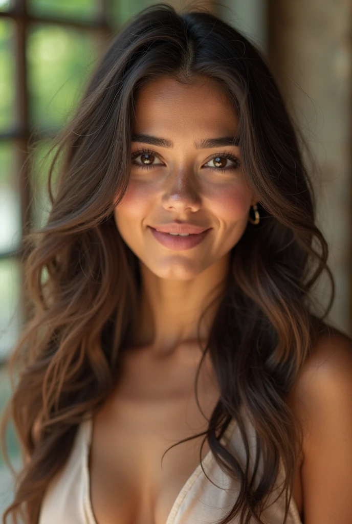 42 years old, long curly hair, brown eyes, long eyelashes, light brown skin, light smile, point of view, atmospheric perspective, 8k, super detail, accurate, best quality