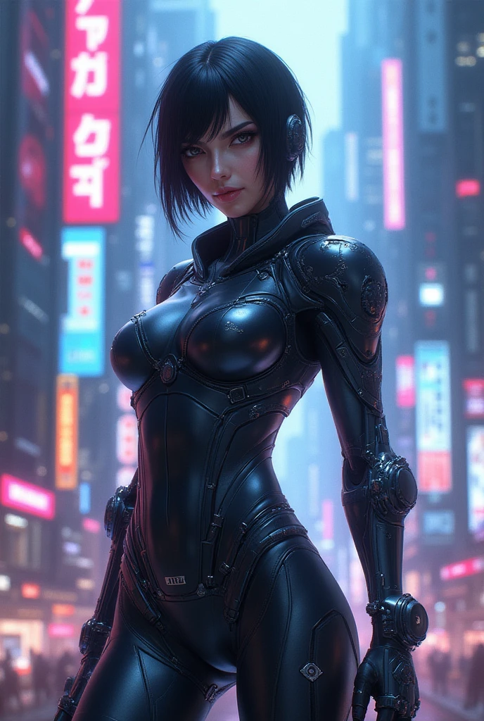 (best quality,highres,ultra-detailed,realistic:1.37), (cowboy shot:1.1), (high angle shot:1.1), (ohwx woman), Anna Sawai as Motoko Kusanagi from Ghost in the Shell, Motoko jumps backwards with a flip from roof edge of skyscraper, dynamic shot, tall and confident, her face adorned with augmented reality features,The background is urban and futuristic, with towering skyscrapers and neon lights casting a vibrant glow. The lighting is atmospheric, emphasizing the shadows and highlighting the metallic details of the outfit. The overall color tone is cool, with a slight blue tint, giving the scene a futuristic and cyberpunk ambiance, full body shot, jacket, tactical suit, detailed face