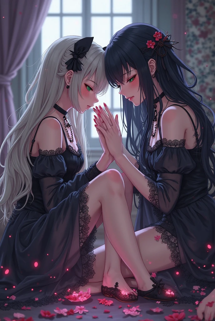 A high resolution, masterpiece, Two girls, Very long hair, naked, on the knees, kiss, full length, Front angle,