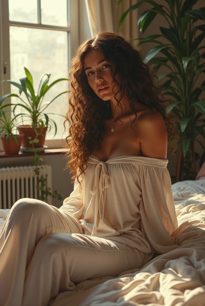 (photorealism:1.2), beautiful woman, sitting on bed, wearing loose off-shoulder top, pajama pants, long curly hair, indoors, soft lighting, plants in background, window with sunlight, cozy room, relaxed pose, realistic, intricate details, warm colors, by Greg Rutkowski, by Alphonse Mucha