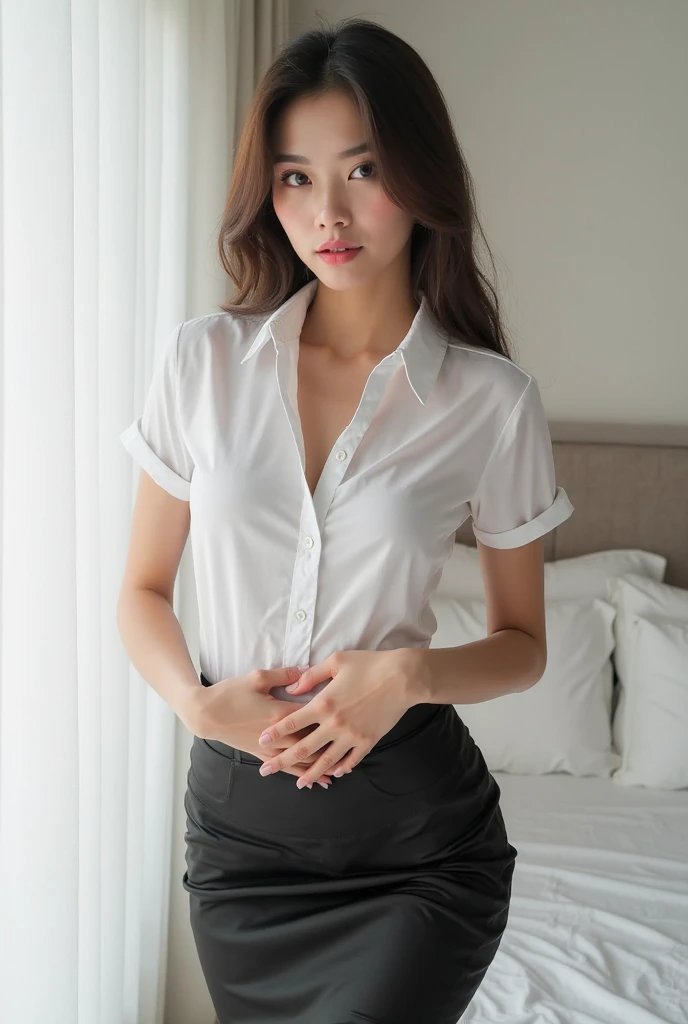 best quality, 8k, highly detailed face and skin texture, high resolution, huge tits asian girl in white shirt and miniskirt standing at hotel, wide open chest, sharp focus
