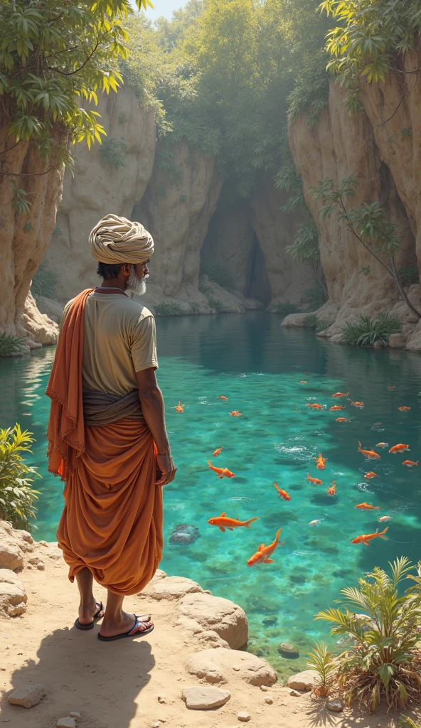 the farmer’s dhoti flutters in the wind as he watches the now-grown fish dart through the water, his turban casting a shadow over the thriving desert oasis. Serene Style."*