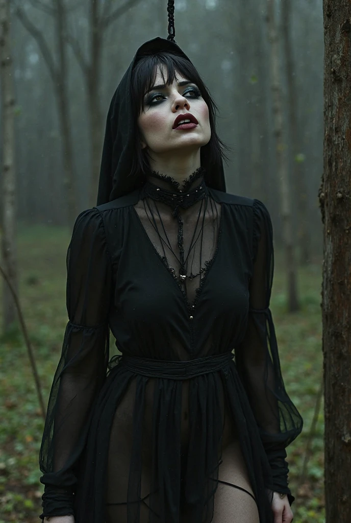 Fashionable of androgynous alien looking witch wearing veil, glowing eyes, beautiful evil slavic muscular woman, pale skin, long hair, light smile, futuristic design, minimal details, givenchy, photoreal, 200mm, hd, f/ 2.0, sitting in a gloomy spruce forest, highly detailed, surreal , drop dead, in the style of red and blue, (intricate details, hyperdetailed:1.15) (skin texture:1.2), cinematic, professional, 4k, (((dynamic model pose))), full body, mesmerizing, dynamic, dramatic, sensual, dynamic pose, highly detailed skin with hair, subcutaneous veins, light and shadow play, highly detailed,24mm photograph, film, bokeh, professional, 4k,