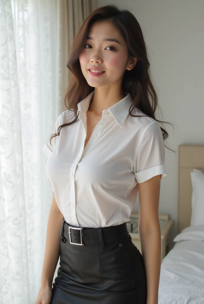 big breasts,Japanese girl,sexy,Black pantsuit,Bangs back,by the wide, open the buttons of your shirt,unbutton,in between,white dress shirt,whole body