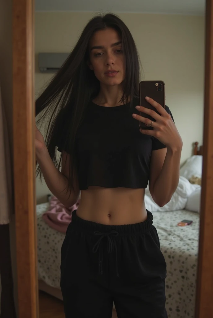(Photorealism:1.2),indian teen girl,brown body,average body proportion,girl taking selfie in mirror through phone,mirror selfie,iphone 15,topless,perky breasts,phone hides face and eyes,long straight hair,standing pose,front facing shot,standing shy,whole background covered by black wardrobe,black wardrobe without any design,sides of mirror not visible,loose maroon shorts,legs crossed,room very dark,phone hides face,phone hides eyes,not wearing tshirt,not wearing bra,topless,breasts,face visibility:0%, body visibility:80%