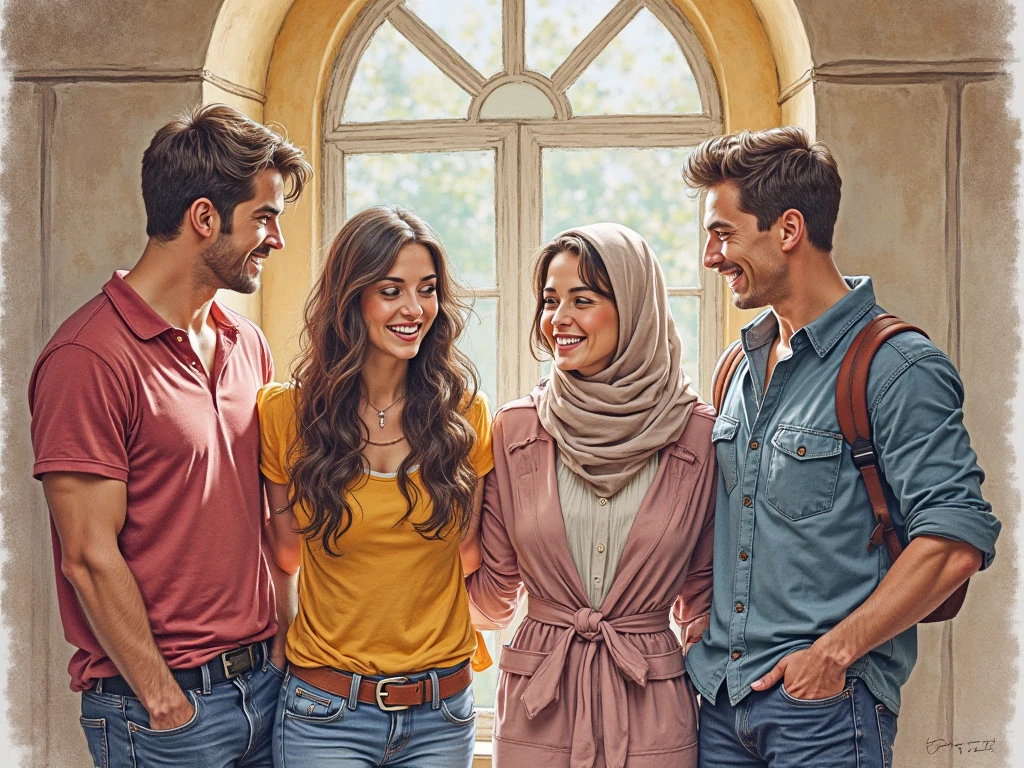 ((3 man wear jacket sitting), (2 hijabbed woman sitting), (1 hijabless teenage girl sitting)), casual fashion, happy expression, white skin people, indoor, extreme detail, masterpiece, 4k, adult 3D character, proportional, cinematic lighting
