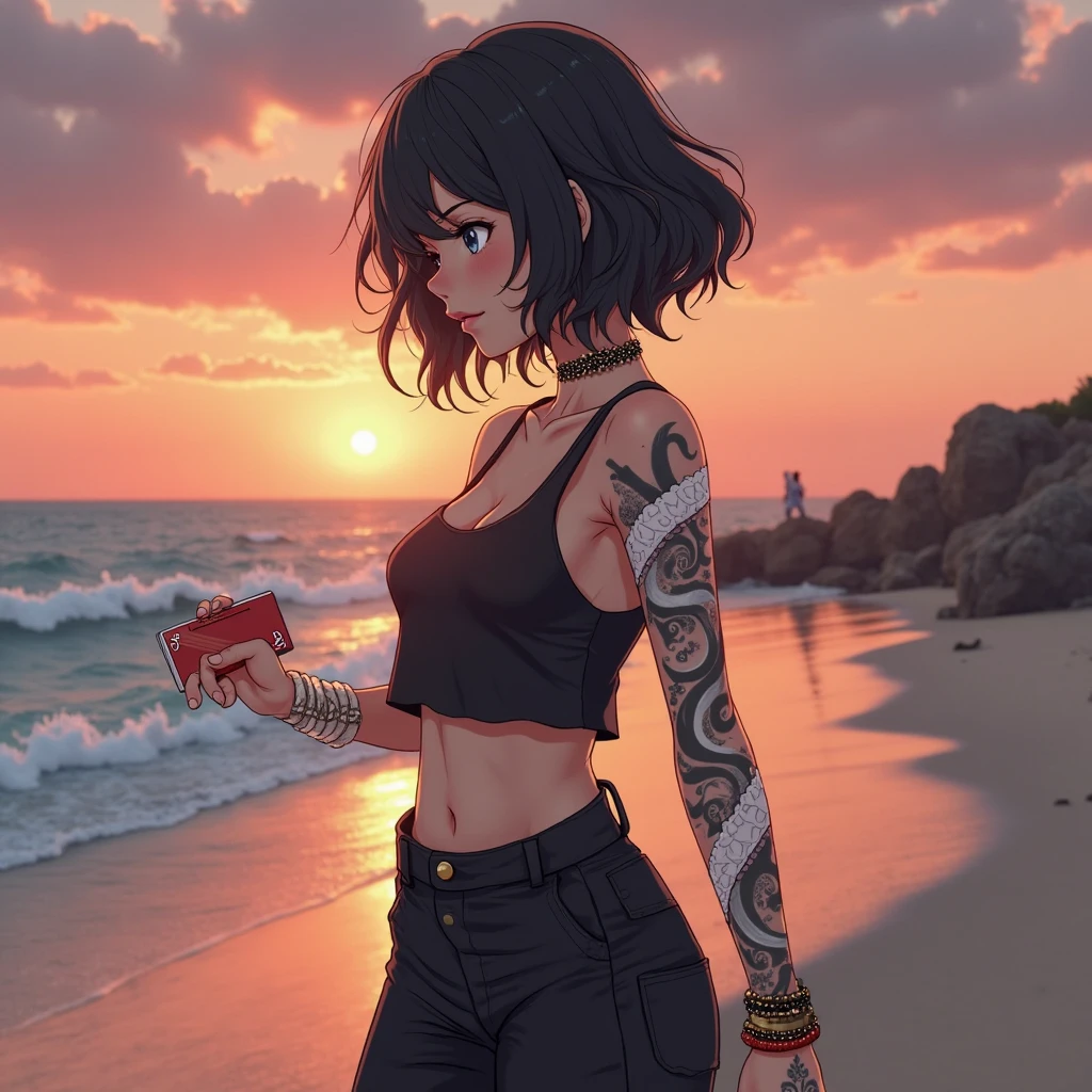 anime style image, woman with perfect body, (short black hair), (wearing a white tank top with a low neckline), (she has tattoos), (she is smiling while showing a pair of scissors), in the background a pinkish sunset sky