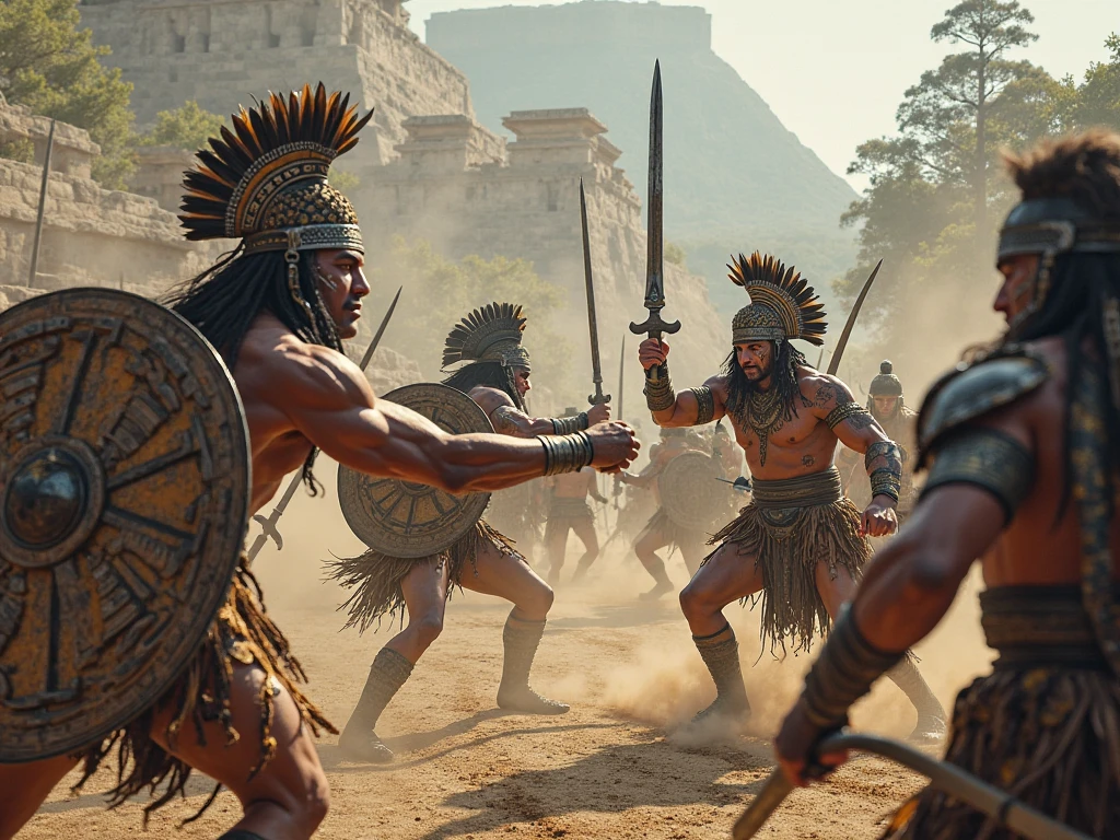 many Aztec warrior men fighting and in the middle of them an Aztec warrior man being hit by a spear