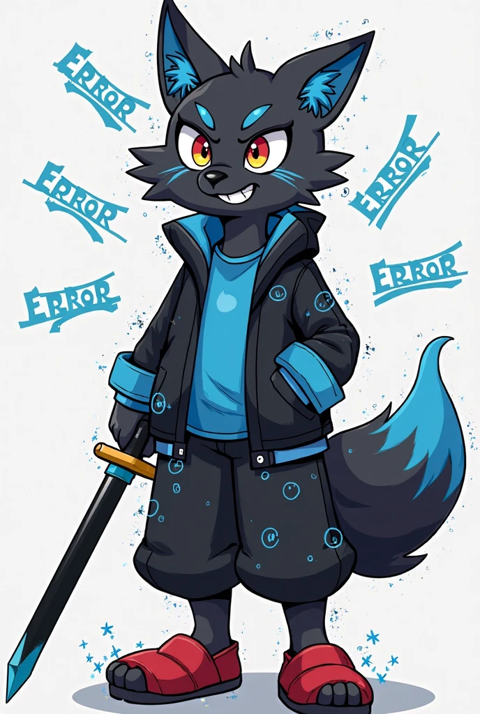 Furry shota, wolf, black hair, long spiky ponytail, blue eyes, detailed body fur, ((goggles, blue hawaiian shirt, open clothes, one shoulder off, black swim trunks)), looking at another, fangs, clear grey body fur, detailed face, big eyebrows, detailed eyes, detailed body, detailed body fur, detailed hands, glistering body, shiny body, skinny, uper body, injured, dirty, torn hawaiian shirt, solo, dungeon, angry,