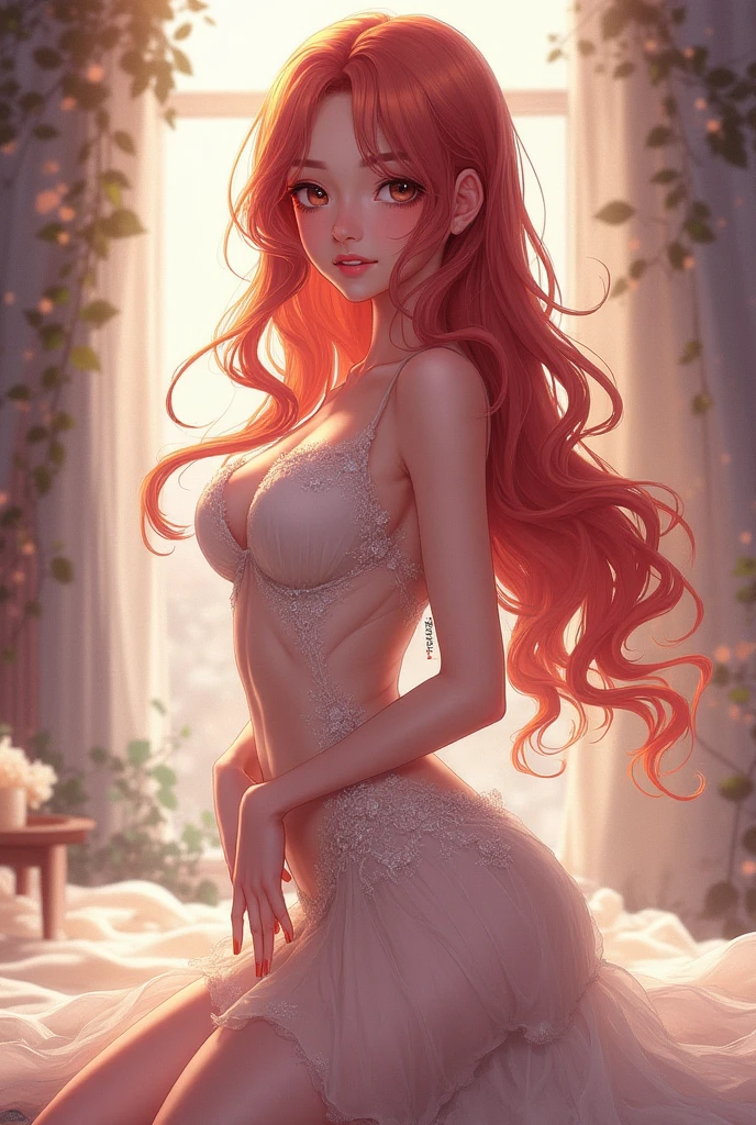 (high quality, masterpiece, ArtStation, Fantasy Art:1.2), a beautiful cute girl erotic posing at studio, (long messy red hair, rose petals), (intricate underwear:1.2)