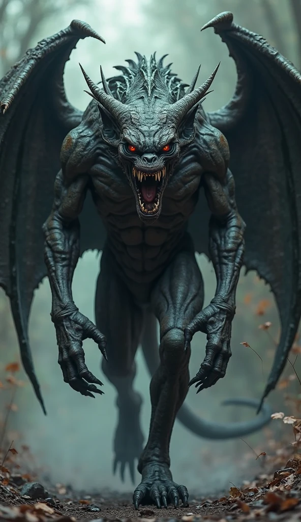 Gigantic dangerous and mythical cross of muscular dragon with big goat with scary background