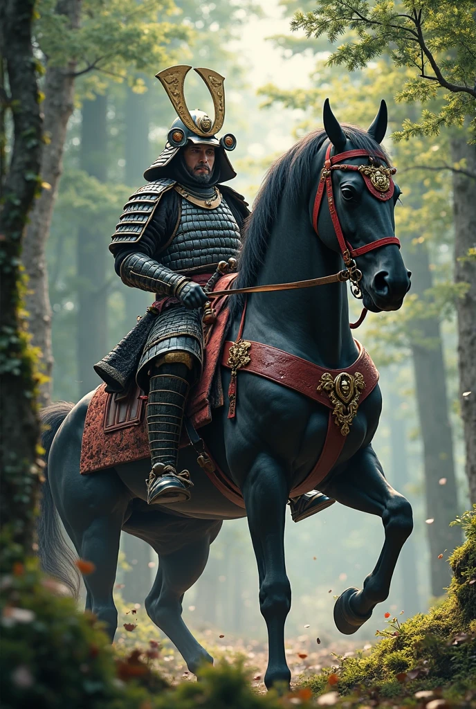 A samurai 2ith a complete armor is mounting his horse to battle in a forest in japan 