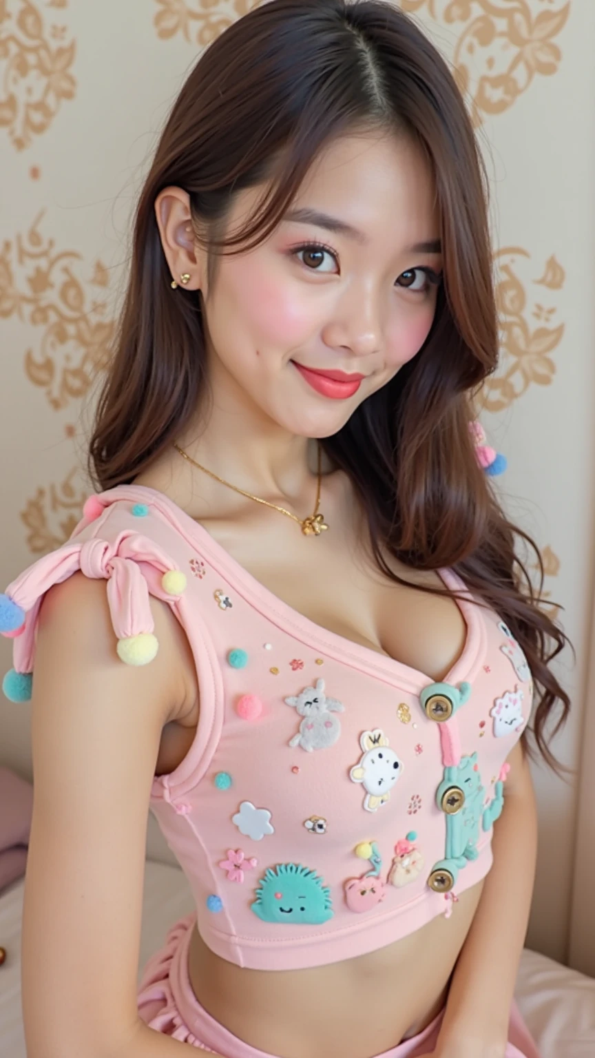 (lifelike, high resolution:1.3), 1 girl with a perfect figure, The face shape and eyes are super beautiful,Random Hairstyle,Random decoration,Holding random props in hand,Random tattoos, Random color vest:1.2,Random style shorts:1.2, Big boobs,Showing cleavage