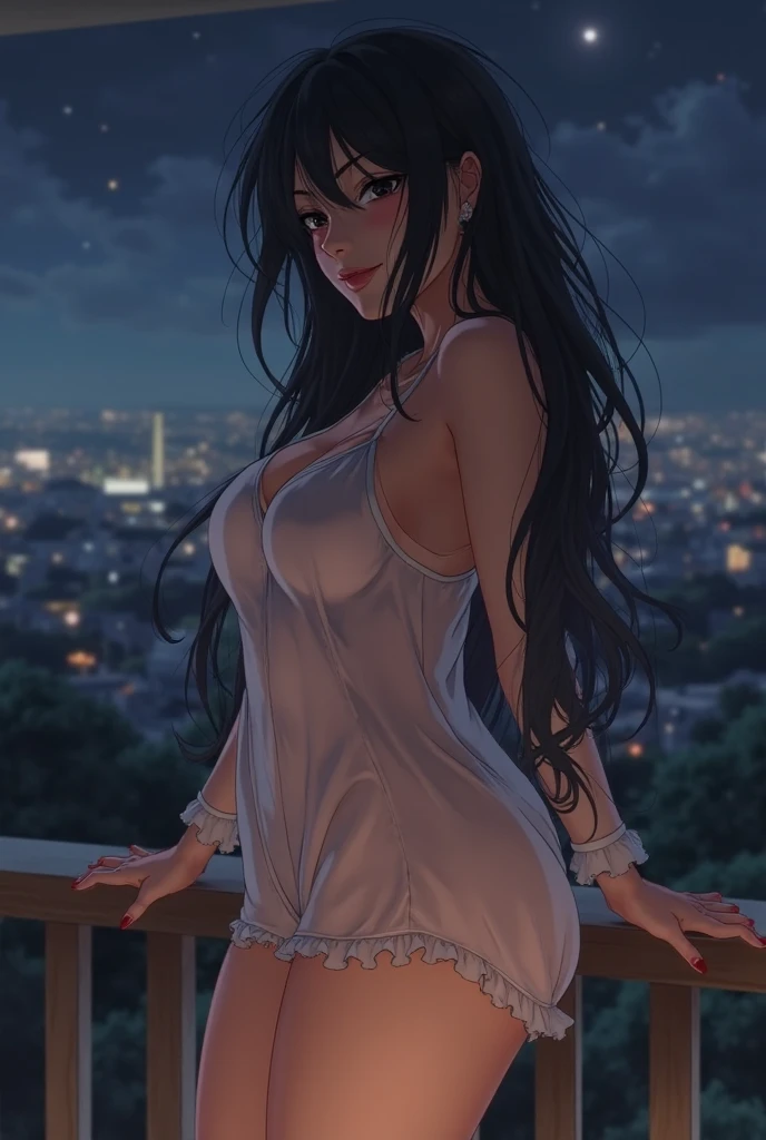 Realistic image, coherent image, detailed image, of 1 elf, in a nightgown. He has black hair, long hair. Turquoise eyes with long eyelashes. Sensual expression. She has a curvy body, medium breasts, thick thighs. Her legs are raised. She is at night with a starry sky. She is sitting on the grass. Front view. Bending over, arching your back. Dramatic shadows, atmospheric lighting, natural lighting. ISO:100, F1.4, --quality 2,