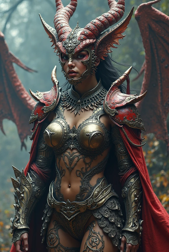 Full body photo of a beautiful viking woman with menacing twisted dragon horns, a few dragon scales on her skin and red tears running down her cheeks., pecas, pelo rubio, mirada feroz, corajudo, epic, hiperrealism, High Definition, Obra maestra, maximum quality