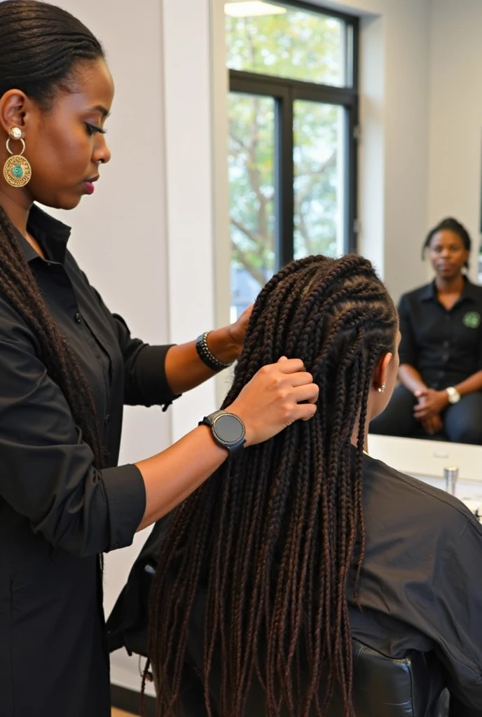 Black woman hairdresser in beauty salon fixing white woman&#39;s hair from behind and nail polish on wall with Brazilian flag