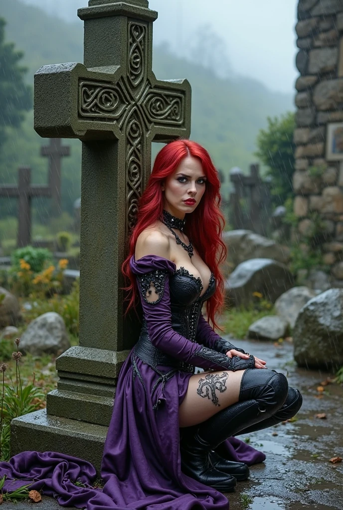 Beautiful 20 year old woman, large tits, with short messy wavy red hair, wearing a red corset with black accents and black cloak, standing in a foggy cemetery at night, (red lipstick:1.5), realistic skin texture, (cross necklace:1.2), (looking at camera:1.3), (Ralph McQuarrie style and Gothic Art:1.4), photo realistic, 8k