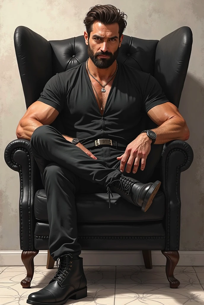 Indian bollywood actor hrithik roshan with a aggressive face and six pack body , v shape body , vieny hand , green eyes , muscular legs ,curly hairs, wearing open black shirt,wearing a panther style underwear, white shoes, some hear on the chest, seating on a chair
