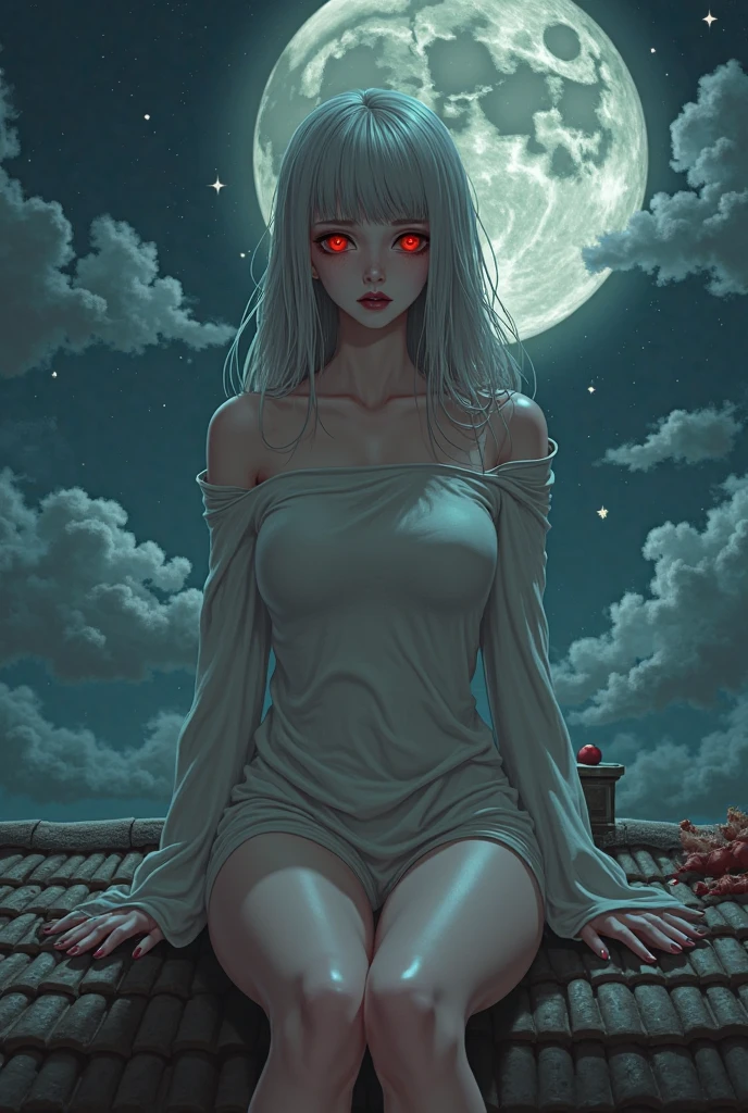 1girl!!! (solo), straight hair, long hair, light white hair, big breasts, small size, green eyes, very fair skin, serious face, nude, full body, sitting, lot of cum on sex, night, blood moon, medieval castle, very sexy body, detailed face, highly detailed, 8k, best quality, masterpiece, vibrant colors, digital art, concept art