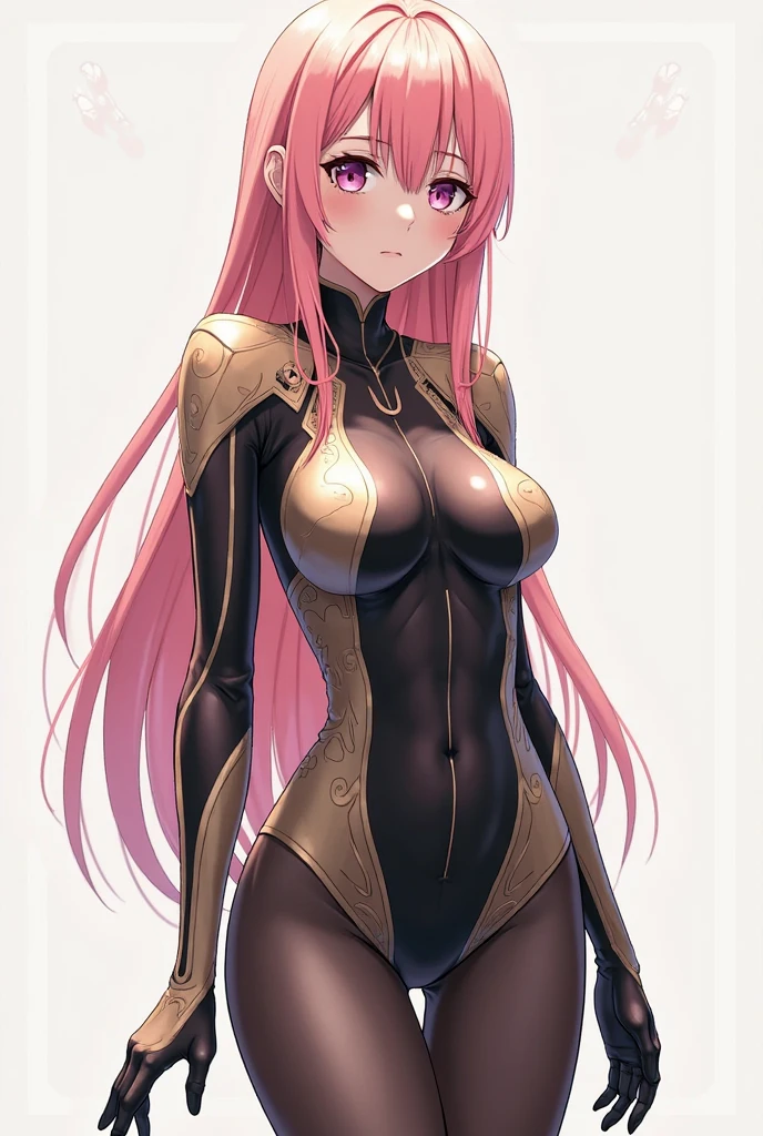 highest quality、Realistic、girl、zoom、Emerald green eyes、Pink long curly hair、Hero Suit、Glossy bodysuit、Cape、Brown black skin、slender、Dark Skin、Large Breasts、Bust Shot、Top view
